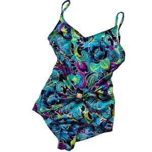 Vintage 980s 90s Jantzen Swimsuit M L Bright Jewel Tone Metallic One Piece 16